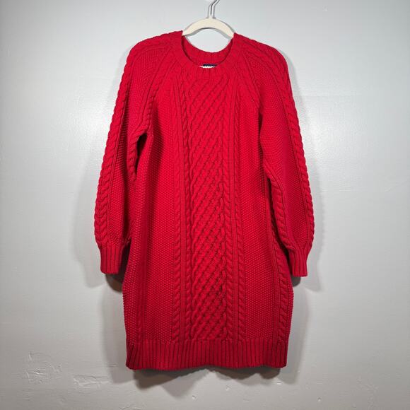 Lands’ End Cable Knit Sweater Dress Red Long Sleeve M 10/12 Winter Cozy Holiday - Picture 1 of 7